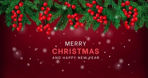 Holly christmas background, pine tree branch and red mistletoe berry, xmas ho Illustrazione stock