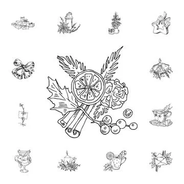 Holly, cinnamon, pinecone, tangerine vector illustration in color and outline Illustrazione stock