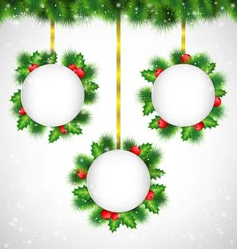 Holly frames on golden ribbons Stock Illustration
