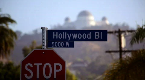 Hollywood Blvd Sign With Griffith Park Observatory Stock Footage