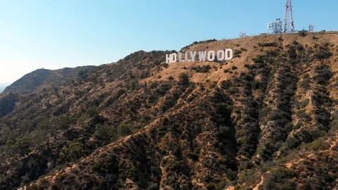 Hollywood CA flying toward front of Hollywood sign 2018 4K Stock Footage
