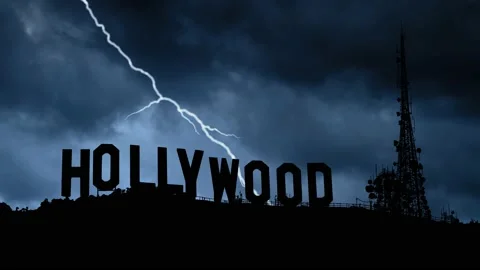 Hollywood: Lightning and  Thunderstorm flash over Iconic Sign,  Los Angeles Stock Footage 149057564