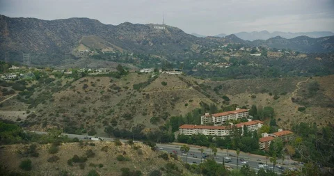 Hollywood sign and 101 highway from Muholland overlook. Los Angeles, California Stock Footage 99132353
