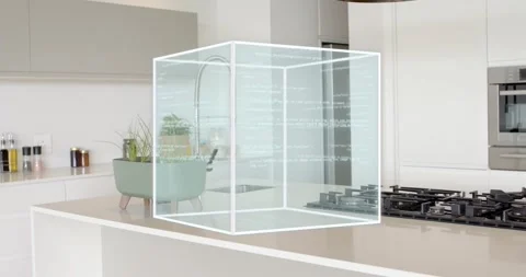 Holo activating cube around planter on island rotating, sliding, settling while Video stock 321715138