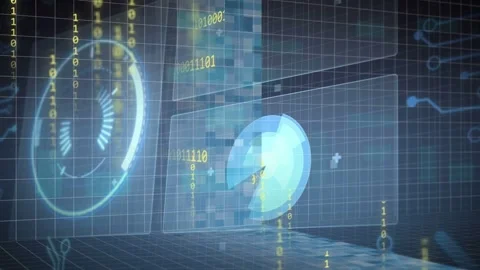Holo activating, pie widget rotating, opening core, pixels forming, binary Video stock 334337940