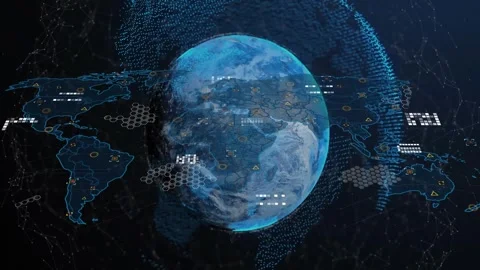 Holo blue globe rotating in space incoming data feed animating global monitoring Stock Footage 333967534