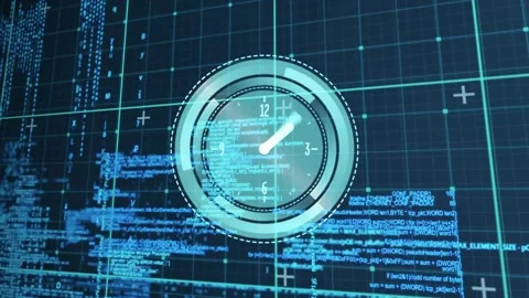 Holo clock reacting to data spike, hands advancing, rings rotating, code Stock Footage 328584694