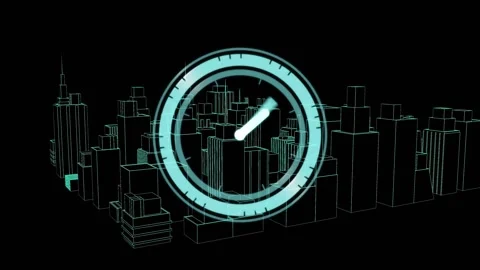 Holo clock rising hands sweeping rings rotating peeling showing tech time over Stock Footage 330509114