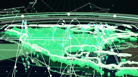 Holo dashboard projecting 3D map labeled NORTH AMERICA on dark plane, sector Stock Footage 337505136