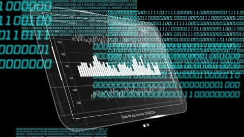 Holo display showing processed entries as teal binary streams sliding across, Stock Footage 334351920