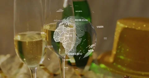 Holo globe appearing and rotating over two glass flutes, data strings orbiting Stock Footage 321100142
