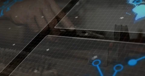 Holo grid UI showing as hands typing and sliding, globe seen, node appearing for Stock Footage 331872915