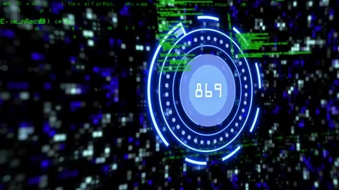 Holo HUD appearing with blue ring, updating readout, rings rotating and code Stock Footage 328468726
