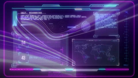 Holo HUD running auto scan over dotted grid, updating readouts, pulsing waveform Stock Footage 332380754