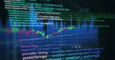 Holo panel receiving stream, overlaying code, pulsing waveform, plotting price Stock Footage 329471131