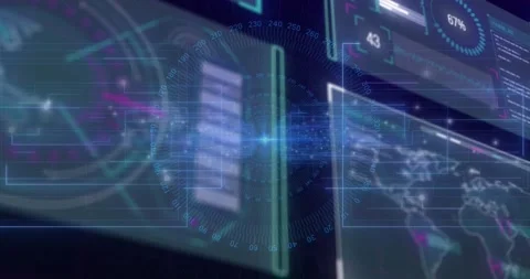 Holo panels pulsing and drifting, blue streak linking panels widening as ops Stock Footage 332288978