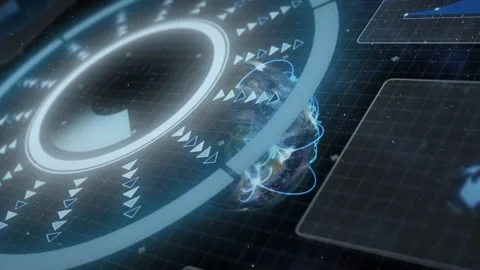 Holo ring HUD activating by pulse, rotating as arrows moving inward, globe Stock Footage 328485508