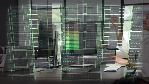 Holo server appearing, left dev writing then rising, right eng pointing, Stock Footage 333104518