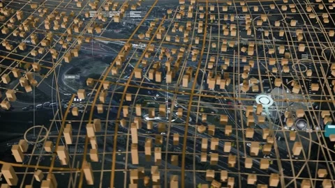 Holo target activating, 3D map dropping red pin, tracing cyan route and camera Stock Footage 339448654