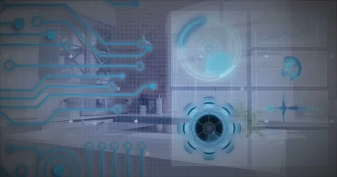 Holo UI activating from left circuit traces, pulsing and revealing charts over Stock Footage 331380278