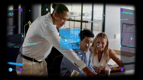 Holo UI appearing, team leaning in, left coworker pointing, mid user typing, Stock Footage 332981582