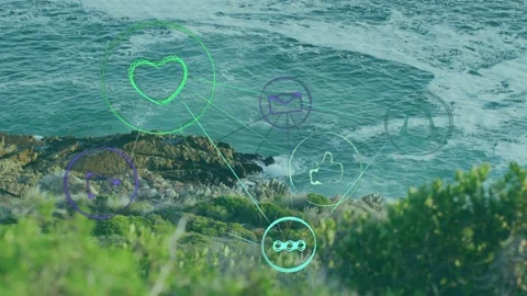 Holo UI cluster originating at turquoise node, drawing lines, pulsing heart over Stock Footage 332686314