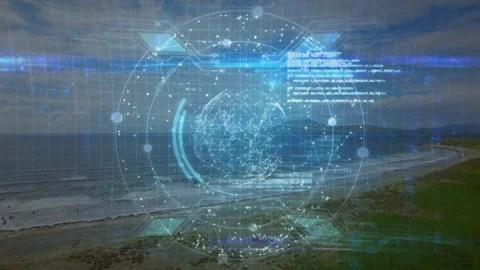 Holo UI emerging from dots over beach, forming clear globe, scanlines and code, Stock Footage 333902937