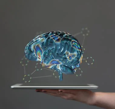Hologram of the 3D brain and algorithms concept coming out from a tablet Foto stock