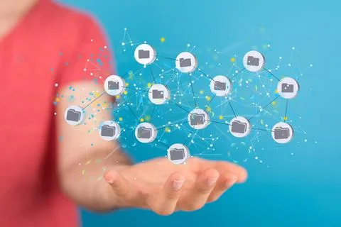 Hologram of a 3D cloud connection technology  concept with a person behind expla Stock Photos