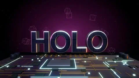 Hologram 3D Text with Floating Polygons on a Circuit Board Stock Illustration