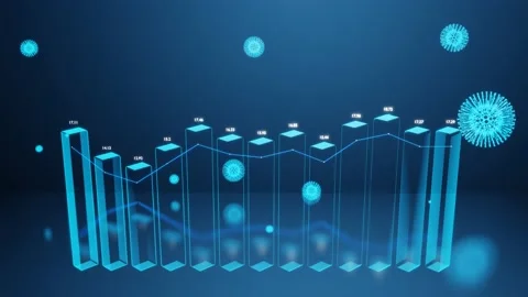 Hologram of abstract graph of columns or bars around which coronaviruses like Stock Footage 147043671