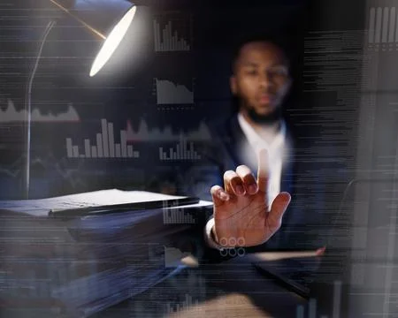 Hologram, black man and code for programming, overlay and cyber security for Foto stock