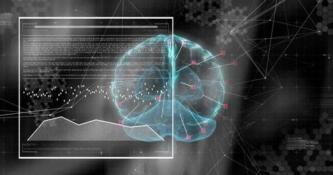 Hologram brain rotating as data driving HUD waveform, hatched graph and markers Stock Illustration