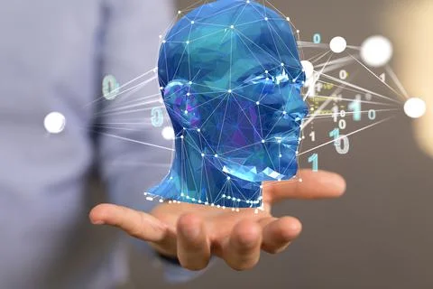 Hologram of a cyborg head and binary codes on a computer engineer's palm Stock Photos