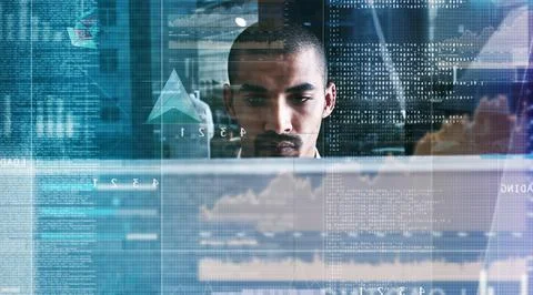 Hologram, data and man with coding in office with software script, system u.. Stock Photos