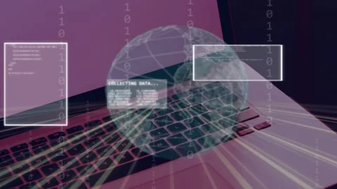 Hologram data visuals appearing above laptop keys, globe starting panels Stock Footage 335731951