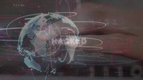 Hologram dot matrix globe shifting while hands typing text glitching into HACKED Stock Footage 333894190