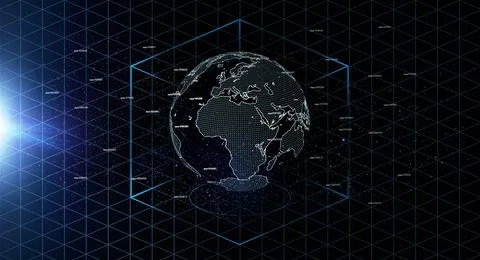 Hologram earth, planet and coding in space for global network, cube and Stock Photos