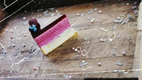 Hologram effect of Berry breeze cake on a wooden tray with decorations Stock Footage 230988768