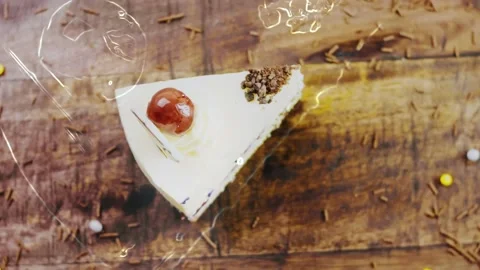 Hologram effect of Delicious cherry cake on a wooden tray with decorations Stock Footage 230989384