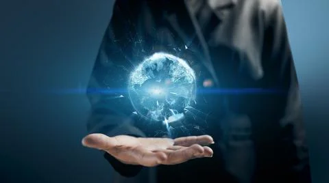 Hologram Flying earth network interface activated by businesswoman. 3D render Stock Illustration