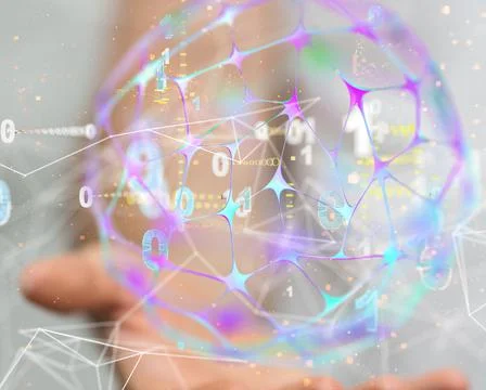 Hologram of a global network with binary code on a man's palm Foto stock