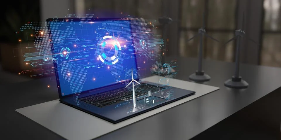 Hologram graphics on a computer screen by artificial intelligence processin.. Stock Photos