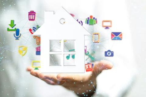 Hologram of a house with various wireless computer and home devices network icon Stock Photos