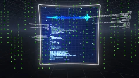 Hologram HUD assembling by binary rain, forming radial core with charts, code Stockbeeldmateriaal 332686049