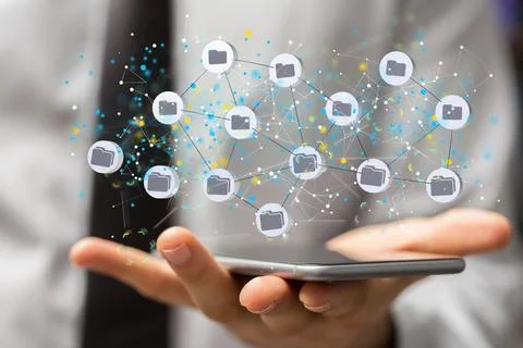 Hologram of interconnected digital files - cloud storage concept Stock Photos