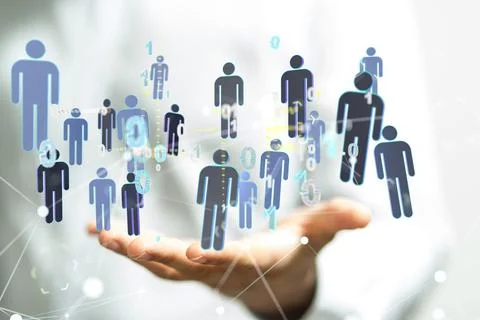 Hologram of interconnected people and binary code on a businessman's palm - onli Stock Photos