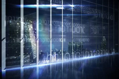 Hologram interface in office overlooking city Stock Illustration