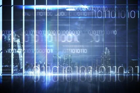 Hologram interface in office overlooking city Stock Illustration
