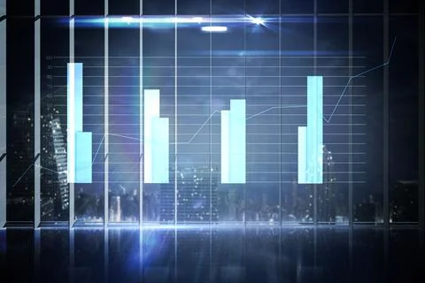 Hologram interface in office overlooking city Stock Illustration